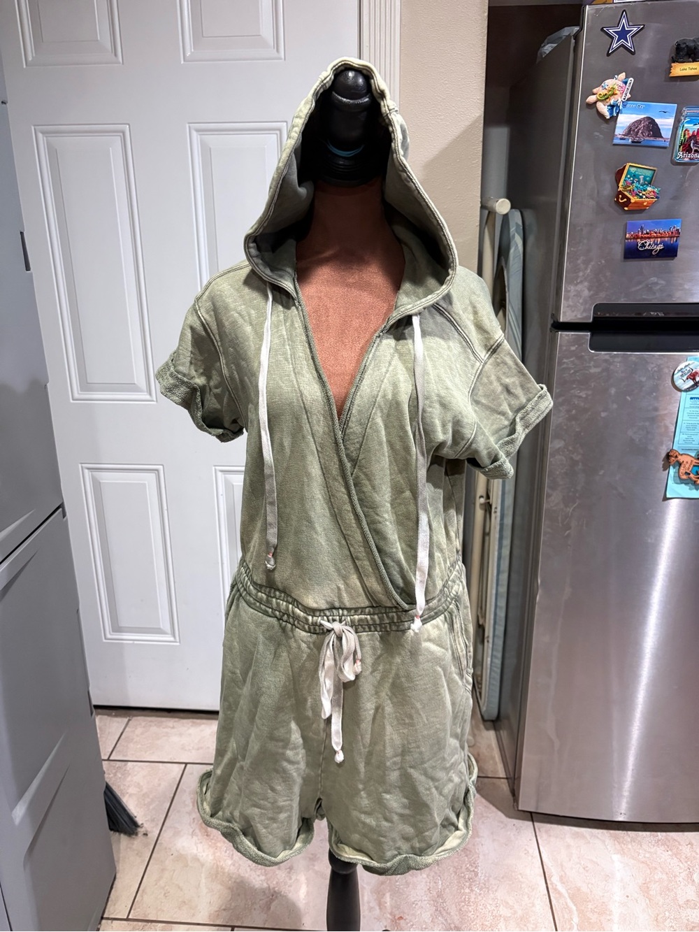 Hooded Wrap Short Romper in Sage Green